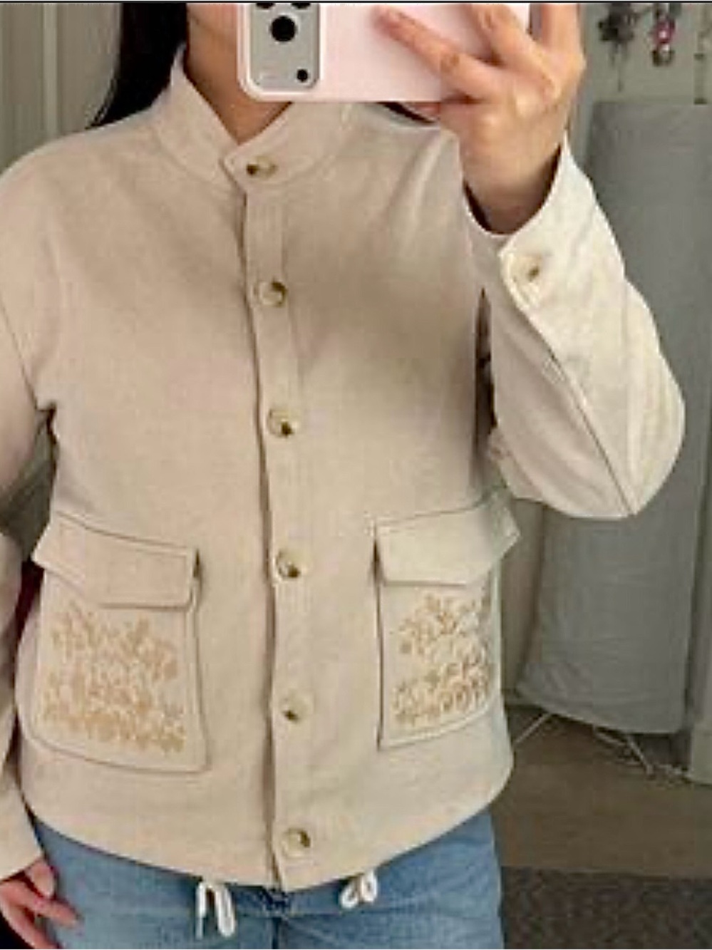 NEW Solitare Cream suede-look front pocket floral embroidered jacket
